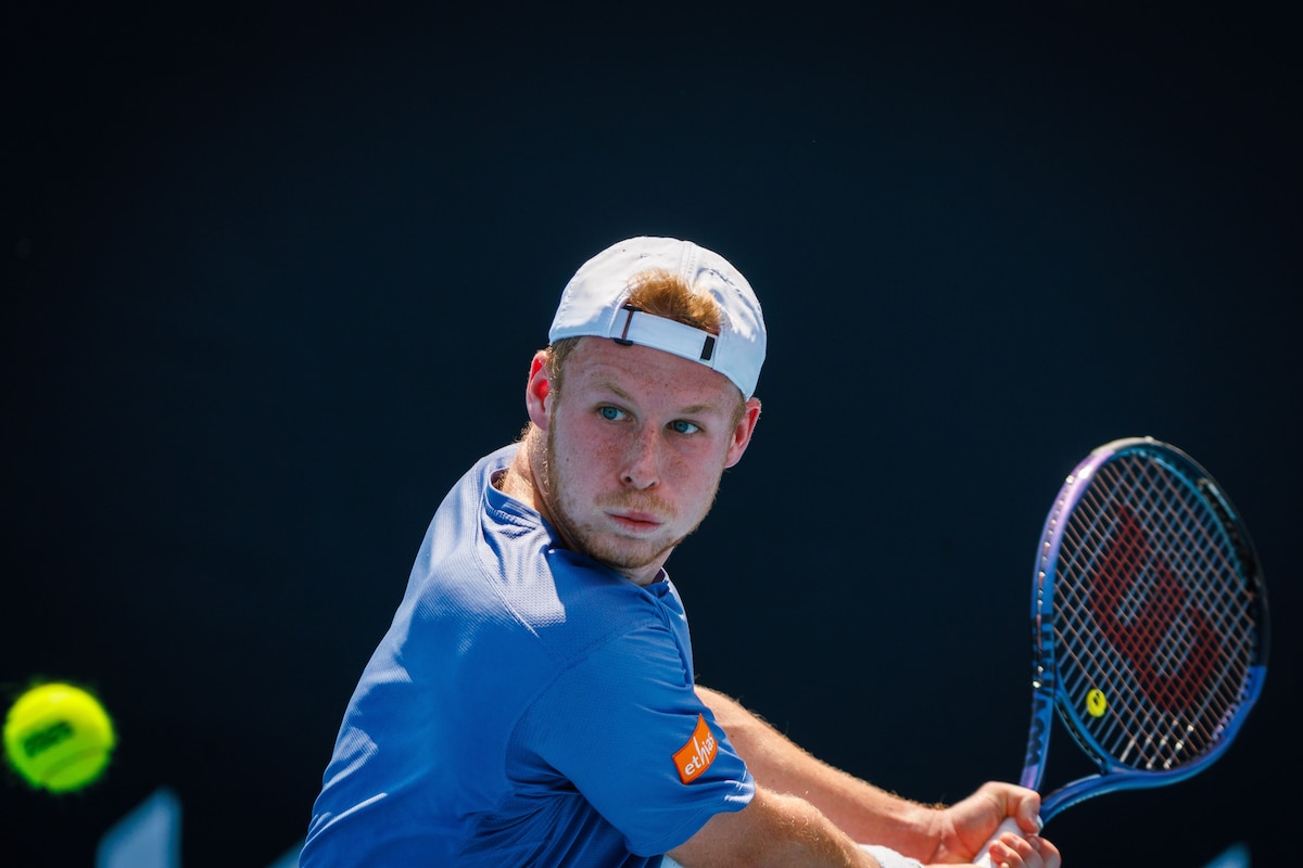 Belgian Gauthier Onclin pictured in action during a men's qualifying singles second round game between Belgian Onclin and American Kovacevic, at the 'Australian Open' Grand Slam tennis tournament, Wednesday 08 January 2025 in Melbourne Park, Melbourne, Australia. The 2024 edition of the Australian Grand Slam takes place from January 14th to January 28th. Onclin won his second game 6-3, 7-6, 6-1. BELGA PHOTO PATRICK HAMILTON