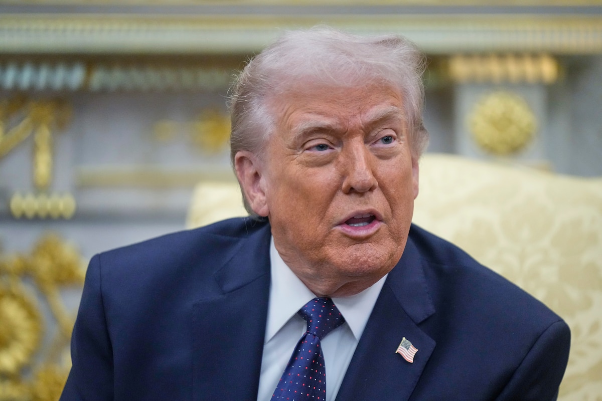 FILE - President Donald Trump speaks during a meeting with German Chancellor Friedrich Merz in the Oval Office at the White House, Tuesday, March 3, 2026, in Washington. (AP Photo/Mark Schiefelbein, File)