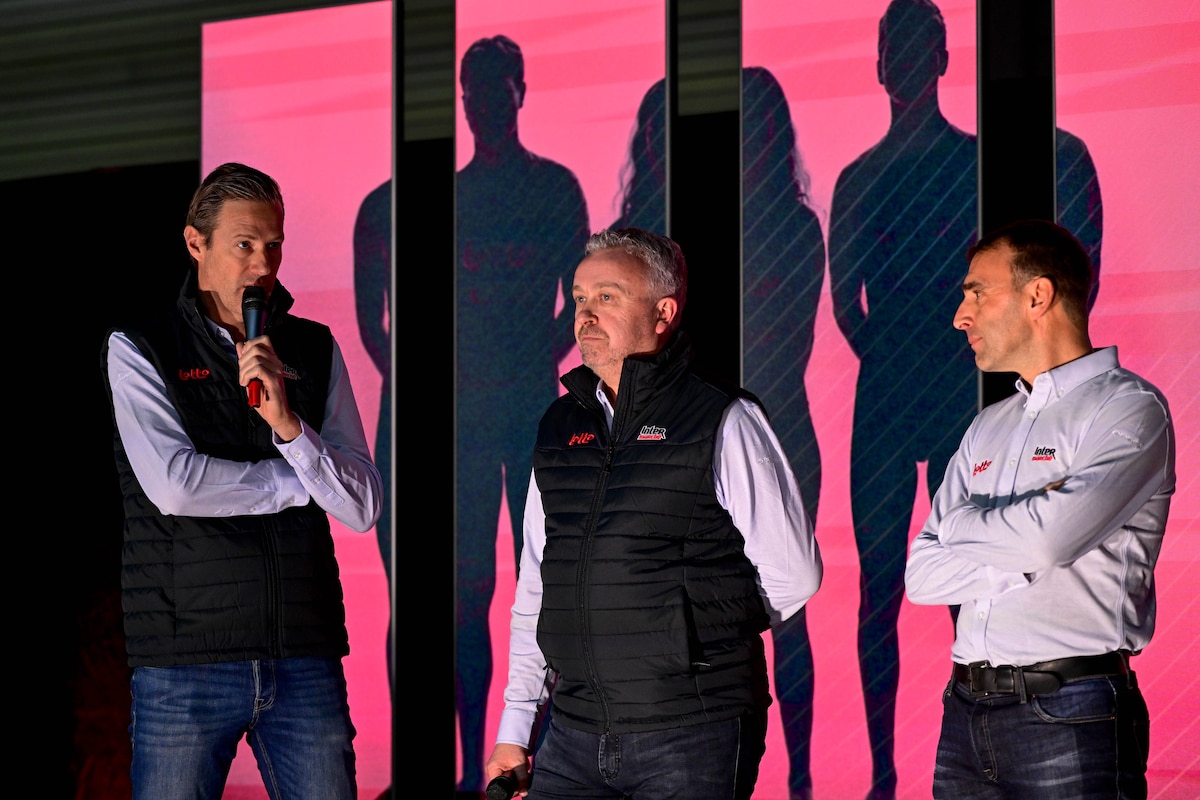 Sports directors Aike Visbeek, Jean-Francois Bourlart and Kurt Van De Wouwer pictured during the team presentation of the Lotto-Intermarche cycling team, Monday 12 January 2026 in Temse. BELGA PHOTO DIRK WAEM