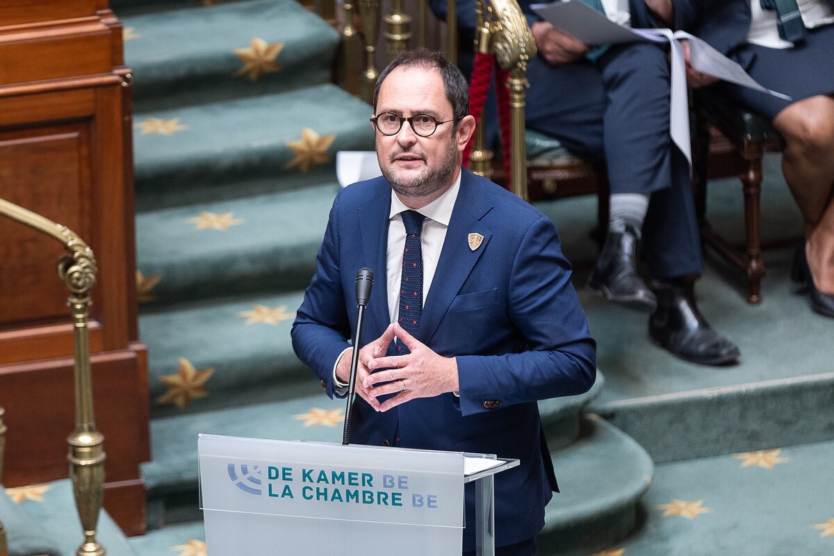 Justice Minister Vincent Van Quickenborne pictured during a plenary session of the Chamber at the Federal Parliament in Brussels on Thursday 15 June 2023. BELGA PHOTO JAMES ARTHUR GEKIERE