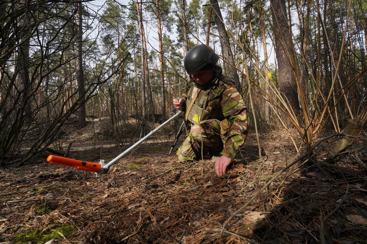 A Ukrainian National guard deminer searcher for mines during tactical drills at a shooting range in Kharkiv region, Ukraine, on Thursday, Feb. 29, 2024. (AP Photo/Andrii Marienko)