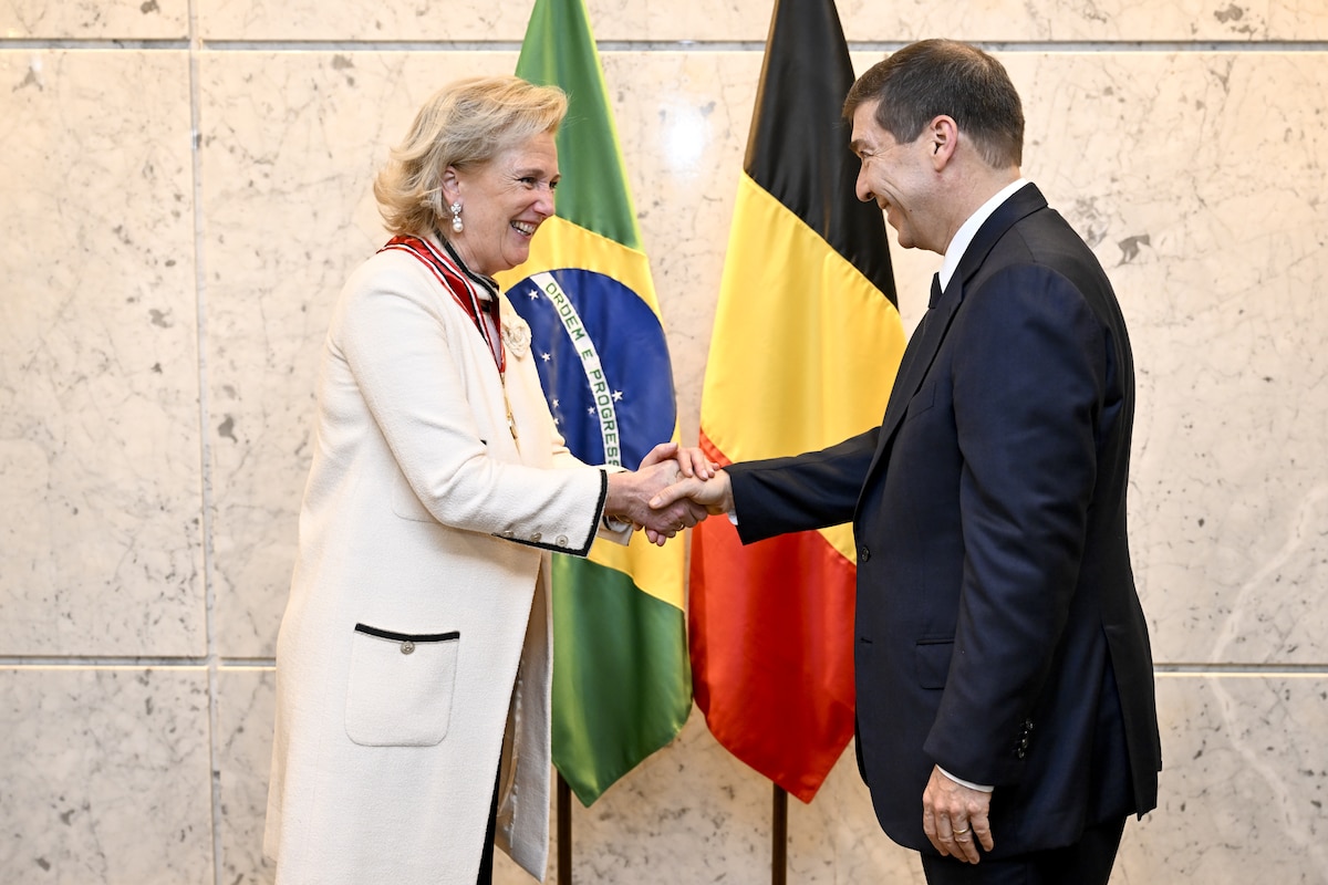 Princess Astrid of Belgium and Fiesp president Josué Gomes pictured during the fifth day of an economic mission to Brazil (22/11-01/12), in Sao Paulo, Wednesday 27 November 2024. Princess Astrid is in Brazil for a nine days visit in the country along with a Belgian economic mission. BELGA PHOTO DIRK WAEM