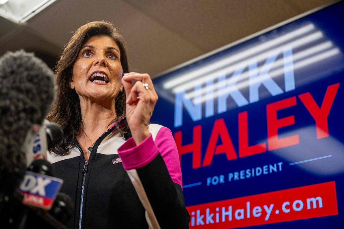 COLUMBIA, SOUTH CAROLINA - FEBRUARY 01: Republican presidential candidate, former U.N. Ambassador Nikki Haley speaks to the media after a campaign rally at the Doc's Barbeque and Southern Buffet restaurant on February 01, 2024 in Columbia, South Carolina. The former South Carolina governor is campaigning in her race against former President Donald Trump ahead of the state's Republican primary on February 24. Brandon Bell/Getty Images/AFP (Photo by Brandon Bell / GETTY IMAGES NORTH AMERICA / Getty Images via AFP)