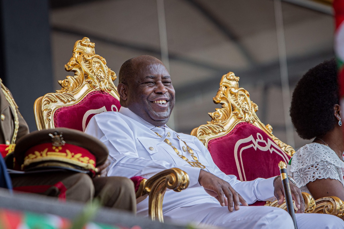 Burundi's President Evariste Ndayishimiye reacts while seated in the presidential VIP pavilion during the official celebrations marking the 64th anniversary of Burundi's Independence Day at Stade Intwari in Bujumbura on July 1, 2026. (Photo by Herve Shabani / AFP)