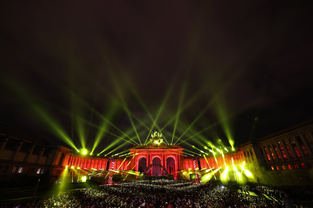 BRUSSELS, BELGIUM - JULY 21 : Firework at the Cinquentenaire to celebrate the Belgium national day and 10 years of reign of King Philippe of Belgium in the presence of his highness King Philippe of Belgium, Queen Mathilde, Princess Elisabeth, Prince Gabriel, Prince Emmanuel, Princess Eleonore pictured during the evening festivities for the Belgian National Day on July 21, 2023 in Brussels, Belgium, 21/07/2023 ( Photo by Xavier Piron / Photonews
