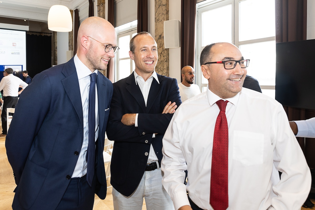 MR David Leisterh, Les Engages Christophe De Beukelaer and PS Ahmed Laaouej pictured during the drawing of the list numbers for the upcoming local elections in Brussels region, Belgium, Tuesday 03 September 2024 in Brussels. Next October 13th, Belgium will vote for municipalities. BELGA PHOTO JAMES ARTHUR GEKIERE