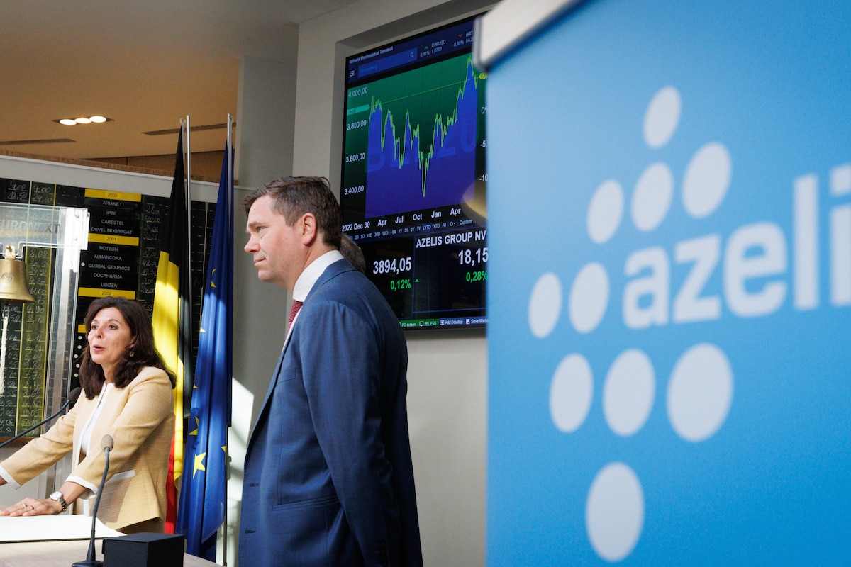 Azelis CEO Anna Bertona and Azelis CFO Thijs Bakker pictured during the opening bell ceremony of the Euronext Brussels Stock Exchange in Brussels, welcoming Azelis Group into the Bel20 index, Monday 24 June 2024. BELGA PHOTO BENOIT DOPPAGNE