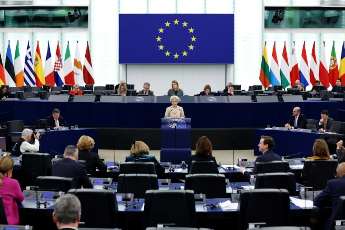<p>La présidente de la Commission européenne Ursula von der Leyen lors d'une plénière du Parlement européen à Strasbourg, le 28 février 2024</p>
