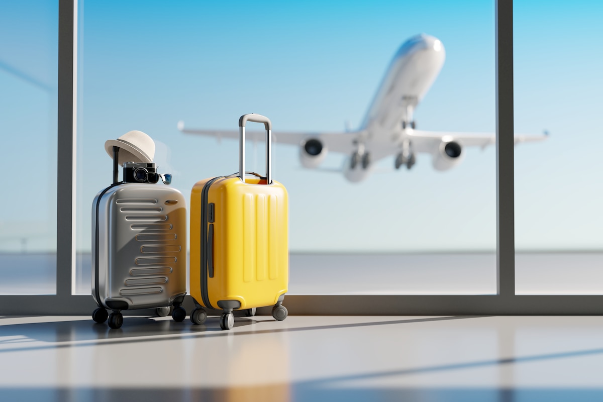 Deux valises dans un aéroport et on voit un avion s'envoler en arrière plan