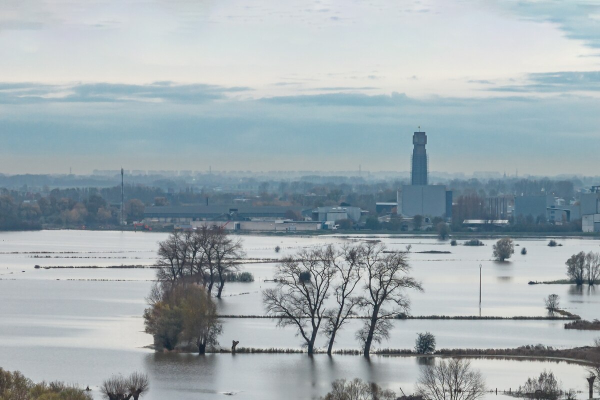 This aerial drone image shows the site of flooding in Woumen, Diksmuide, after days of heavy rain in the West Flanders province, Thursday 16 November 2023. The river Yser (Ijzer) has reached alarm levels at several sites in the Westhoek region. BELGA PHOTO KURT DESPLENTER