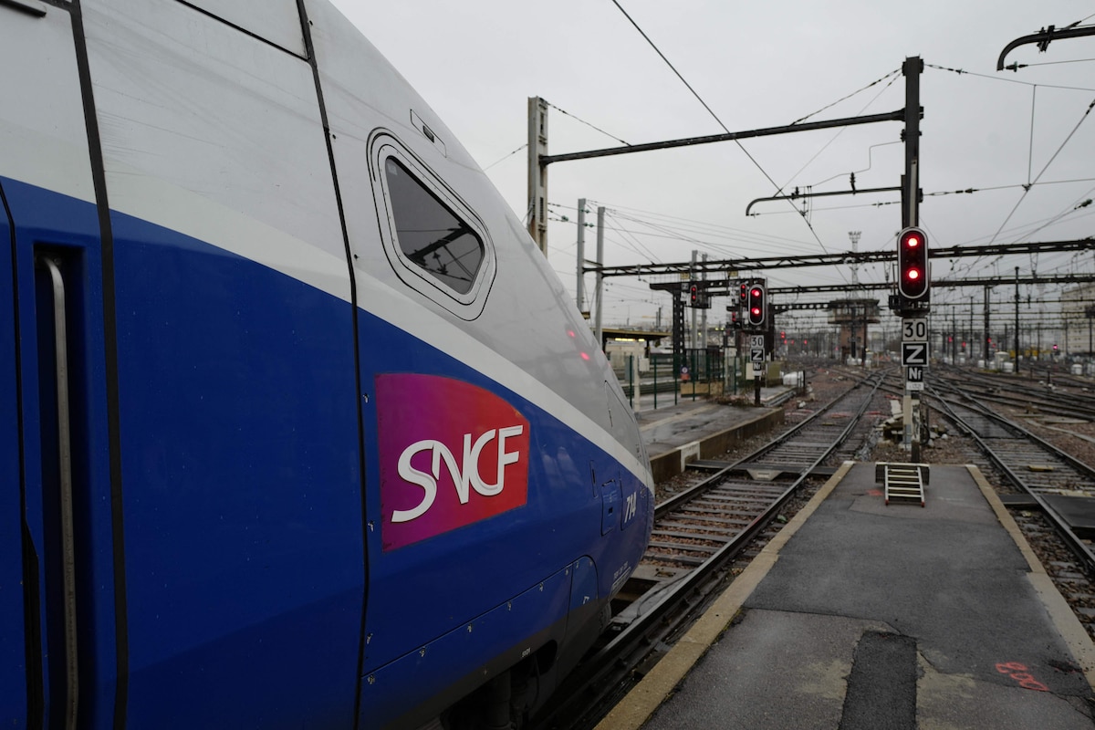 (FILES) The logo of SNCF (France's national state-owned railway company) is pictured on a high speed TGV train waiting to depart from the Gare de Lyon railway station on Febuary 15, 2018 in Paris. SNCF Reseau awarded contracts worth 1.8 billion euros to construction giants on March 11, 2024 to replace hundreds of kilometers of tracks and ballast as part of a �massive� work campaign spanning seven years. (Photo by Ludovic MARIN / AFP)