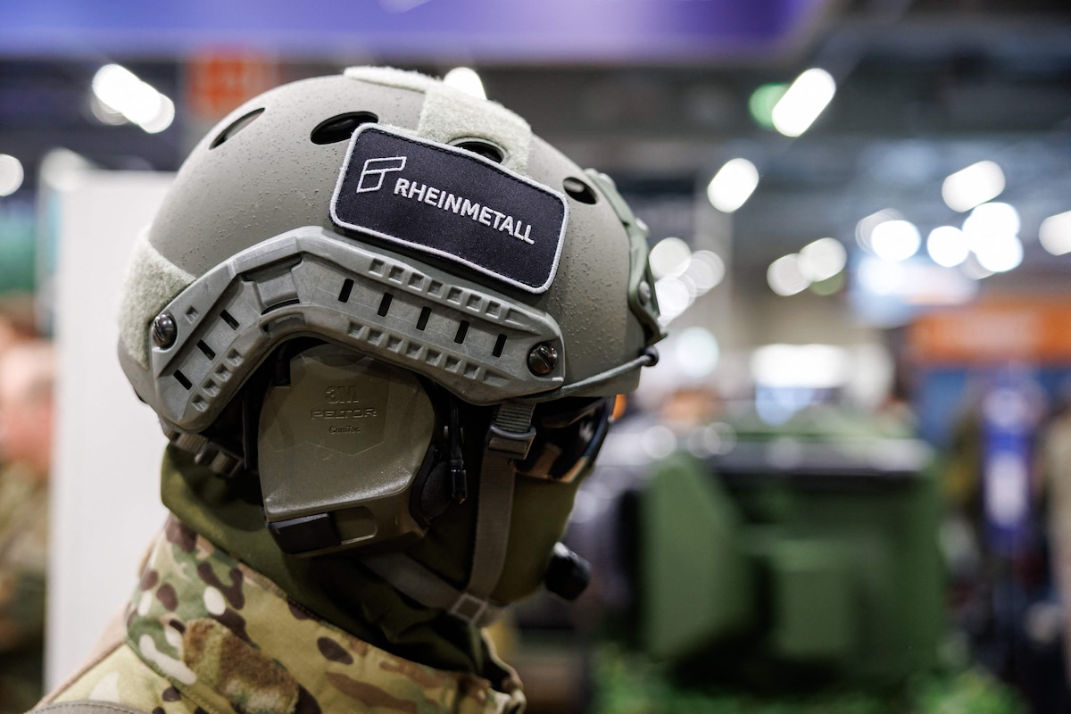 A mannequin equipped with the Gladius 2.0 soldier system is on display at the Rheinmetall defence company's stand during the "Enforce Tac" trade fair for security and defence in Nuremberg, southern Germany on February 25, 2026. (Photo by Daniel Karmann / AFP)