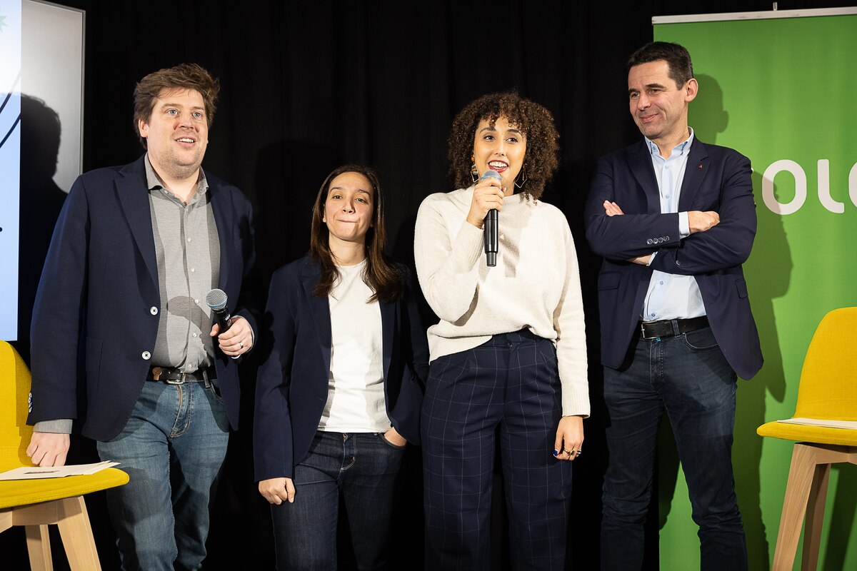 Groen co-chairman Jeremie Vaneeckhout, Ecolo co-chairwoman Rajae Maouane, Groen co-chairwoman Nadia Naji and Ecolo co-chairman Jean-Marc Nollet pictured during the new year's reception for the press of French-speaking ecologist party Ecolo, in Brussels, Monday 16 January 2023. BELGA PHOTO JAMES ARTHUR GEKIERE