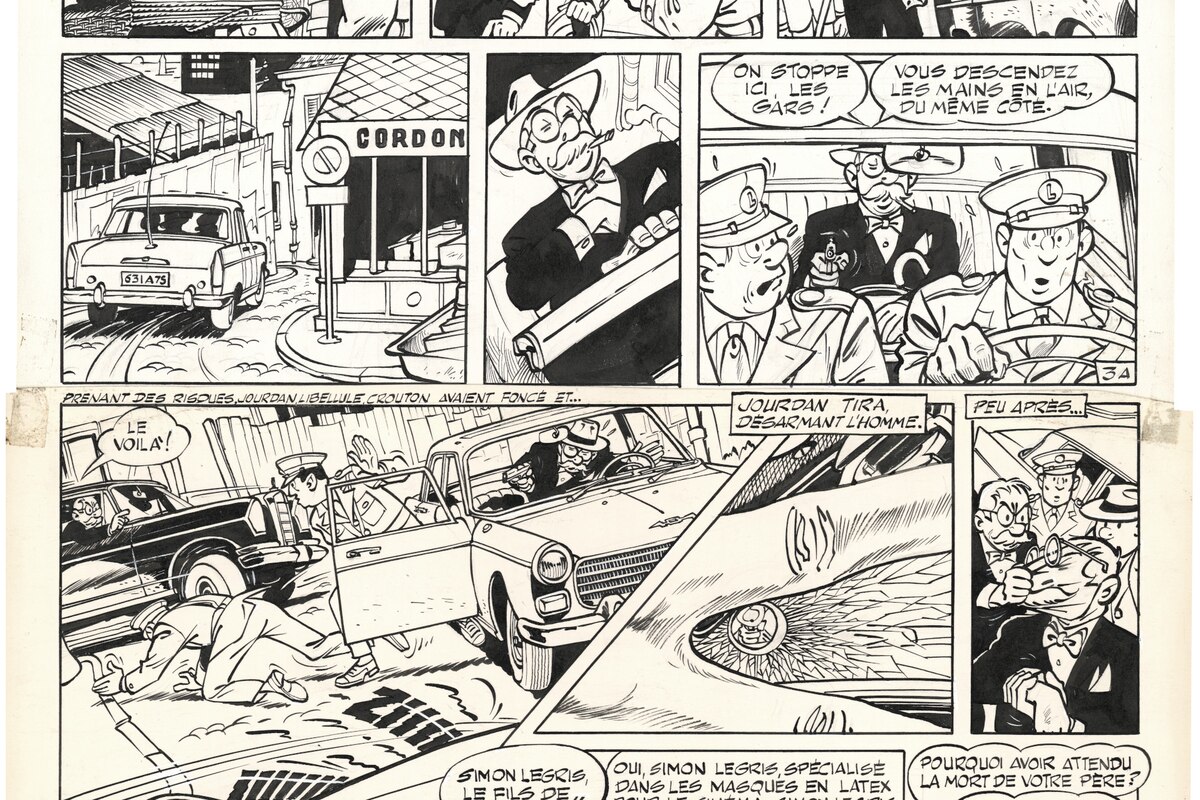 Maurice Tillieux, "Gil Jourdan, Chaud et froid - Le grand souffle", Tome 11, 1969. Planche 3 de "La maison du mystère", histoire complète en 3 planches. Encre de Chine sur papier 46,5 x 36,3 cm.