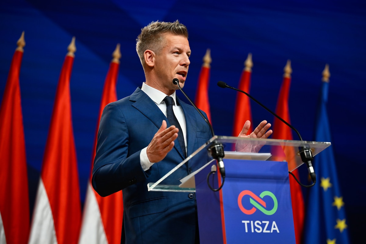 Peter Magyar gestures as he speaks to the media in Budapest, Hungary, Monday, April 13, 2026, after defeating Prime Minister Viktor Orban's party in the country's parliamentary elections. (AP Photo/Denes Erdos)