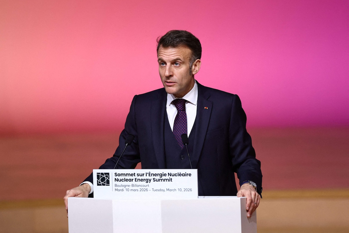 French President Emmanuel Macron addresses the Nuclear Energy Summit at the Seine Musicale venue in Boulogne-Billancourt, outside Paris, on March 10, 2026. (Photo by Abdul Saboor / POOL / AFP)