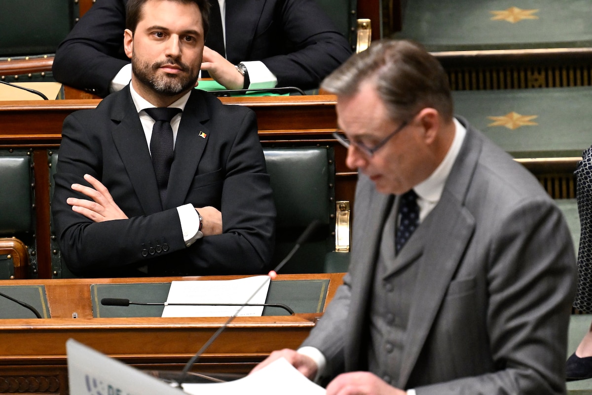 BRUSSELS, BELGIUM - MARCH 12 : Georges-Louis Bouchez (MR) & PM Bart De Wever (N-VA) pictured during a plenary session of the Chamber at the Federal Parliament on March 12, 2026 in Brussels, Belgium, 12/03/2026 ( Photo by Didier Lebrun / Photonews