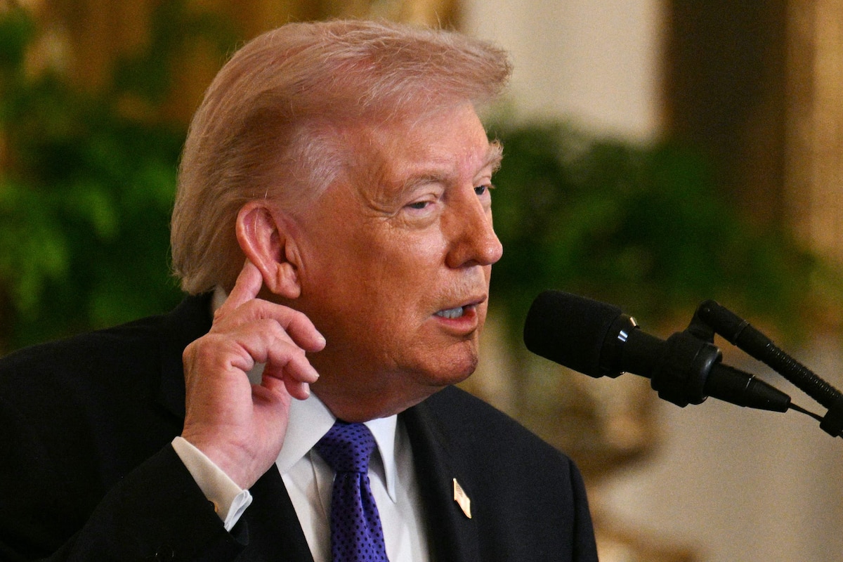 US President Donald Trump speaks during a Medal of Honor ceremony in the East Room of the White House on March 2, 2026, in Washington, DC. President Trump awarded the Medal of Honor to retired Army Command Sgt. Major Terry P. Richardson, who served in the Vietnam War, posthumously to Army Master Sgt. Roderick W. Edmonds, who served in World War II, and posthumously to Staff Sgt. Michael Ollis, who died in combat in Afghanistan in 2013. (Photo by Jim WATSON / AFP)