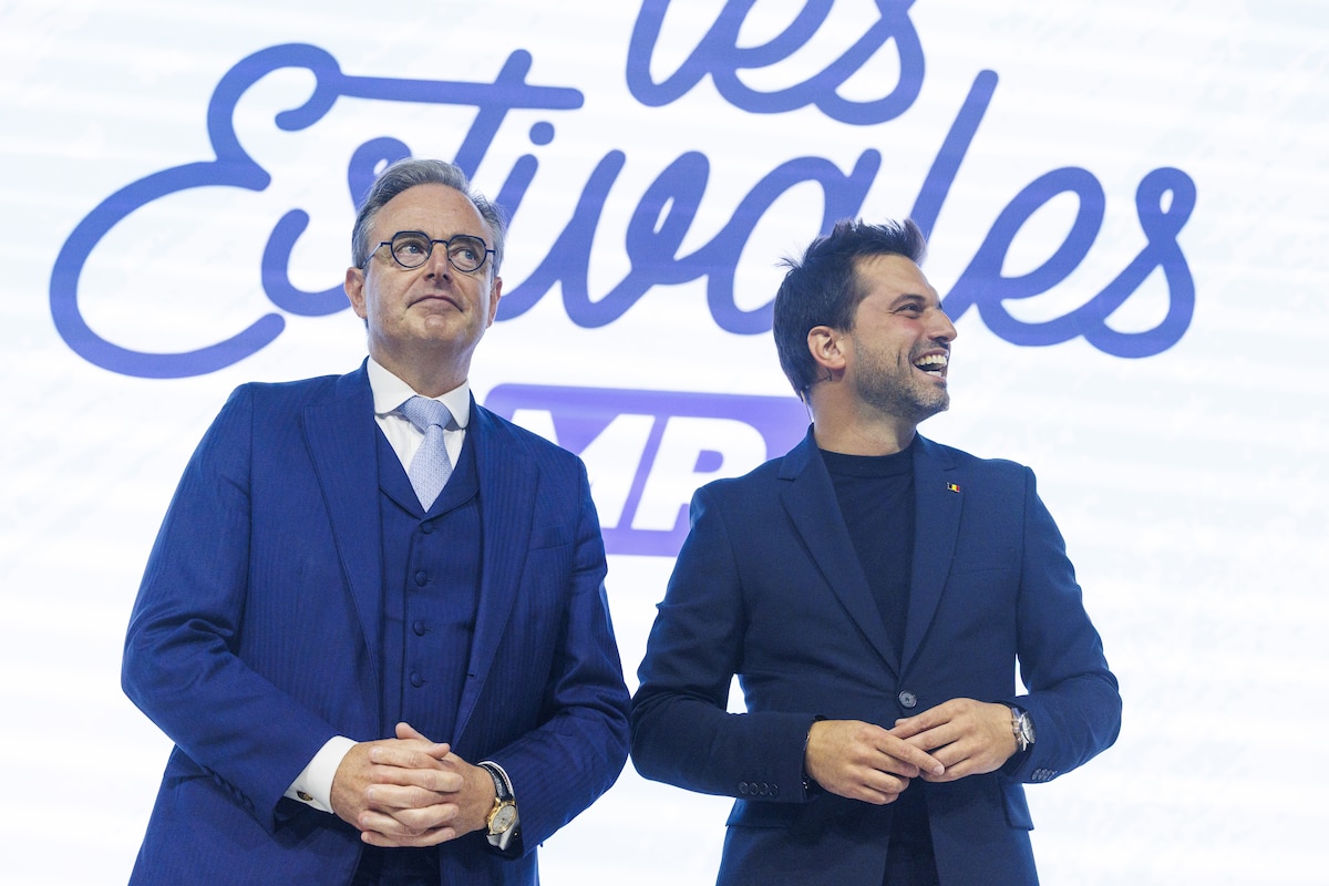 Prime Minister Bart De Wever and MR chairman Georges-Louis Bouchez pictured during the congress of french liberal party MR, Sunday 14 September 2025 in Walibi, Wavre. BELGA PHOTO NICOLAS MAETERLINCK