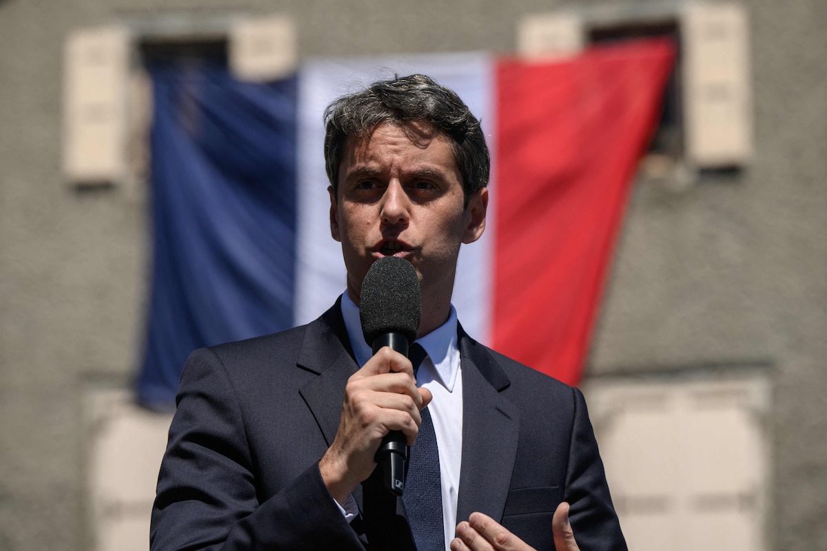 General Secretary of French centrist party Renaissance Gabriel Attal delivers a speech during a visit to the village of Mur-de-Barrez in the Aveyron department, southwestern France on May 22, 2026. (Photo by Ed JONES / AFP)
